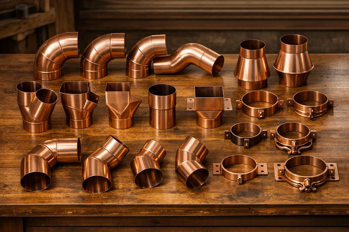 Downspout Fittings — high-resolution architectural copper render